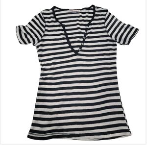 Sparkle Pima Blend Waffle Knit Black and White Striped Short Sleeve Top Size M